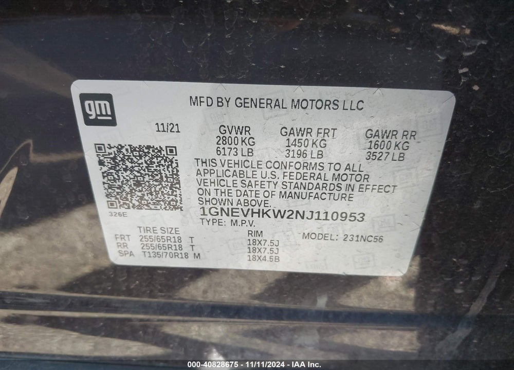 2022 CHEVROLET TRAVERSE AWD LT LEATHER VIN: 1GNEVHKW2NJ110953