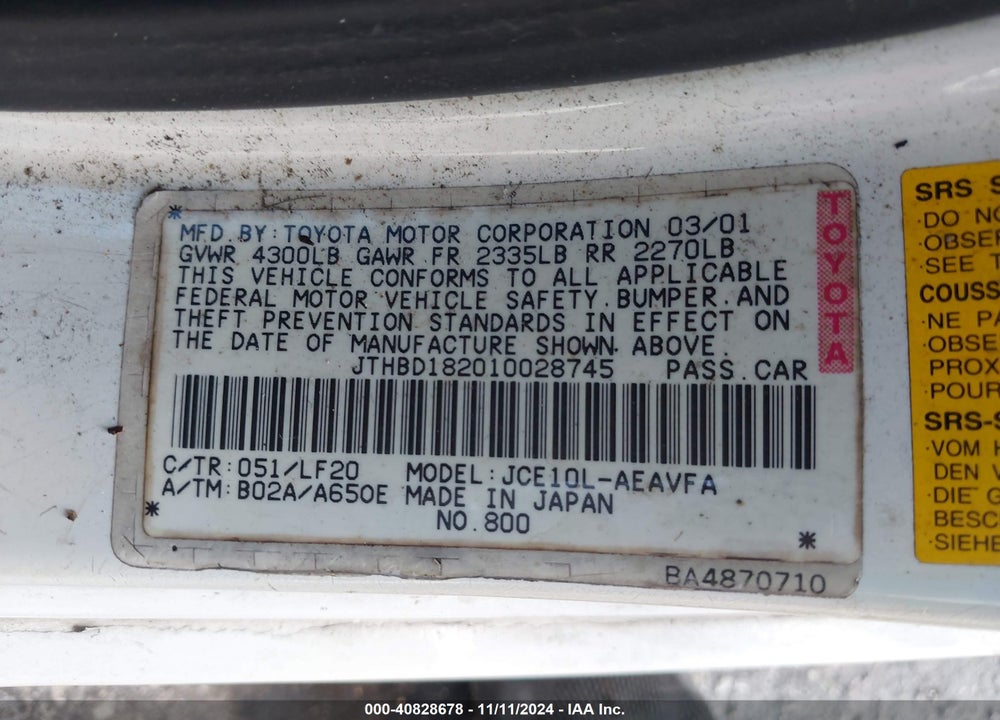 2001 LEXUS IS 300 VIN: JTHBD182010028745