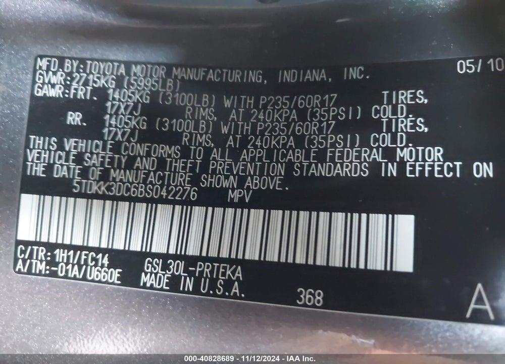 2011 TOYOTA SIENNA LE V6 VIN: 5TDKK3DC6BS042276