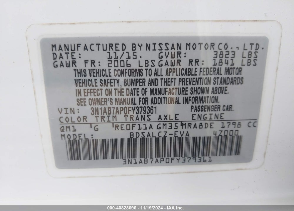 2015 NISSAN SENTRA S VIN: 3N1AB7AP0FY379361