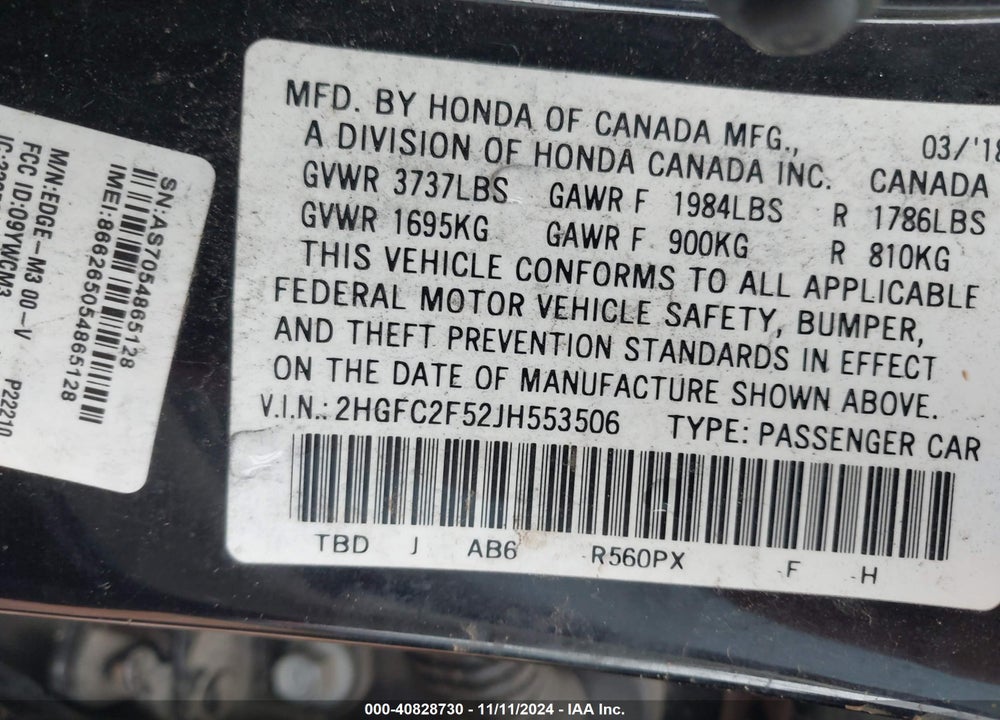 2018 HONDA CIVIC LX VIN: 2HGFC2F52JH553506