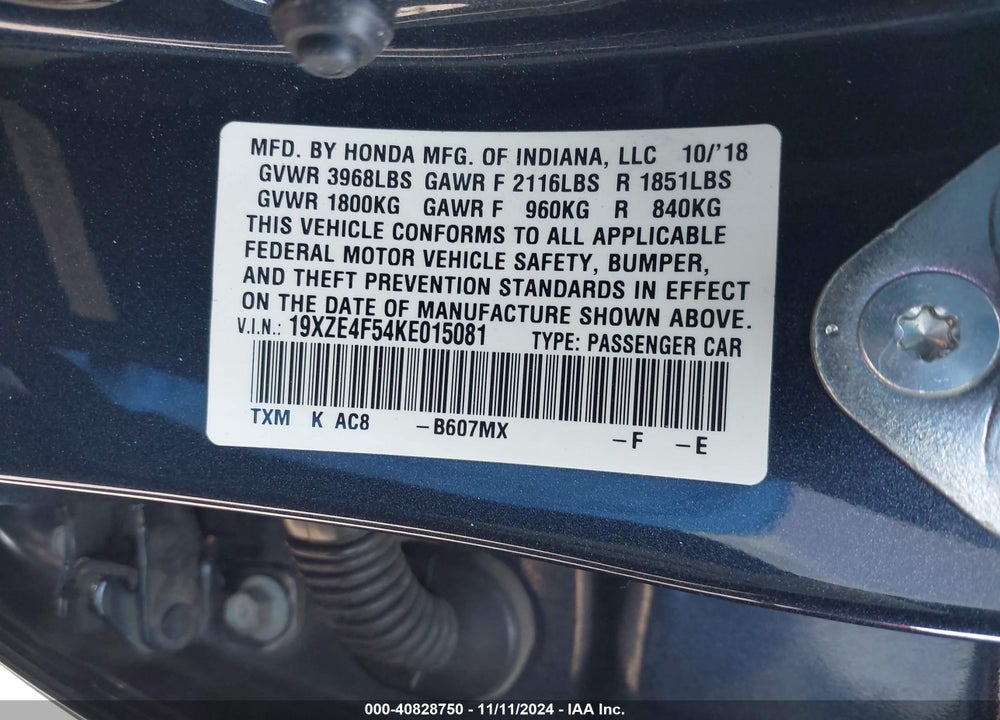 2019 HONDA INSIGHT EX VIN: 19XZE4F54KE015081