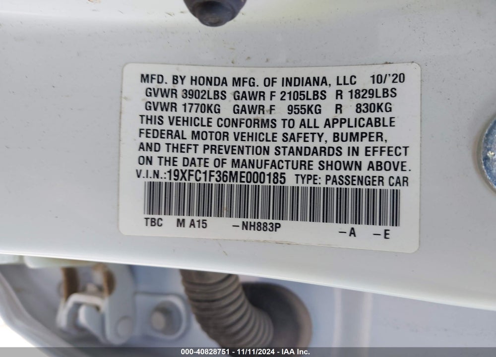 2021 HONDA CIVIC EX VIN: 19XFC1F36ME000185