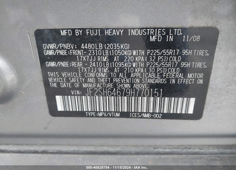 2009 SUBARU FORESTER 2.5X LIMITED VIN: JF2SH64679H770151