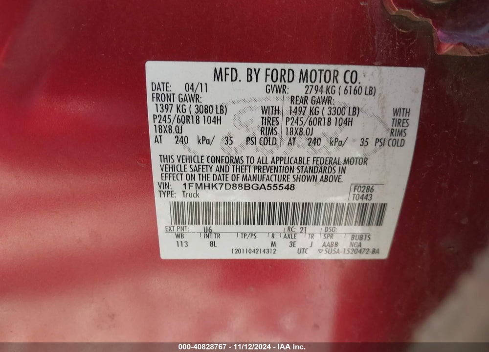 2011 FORD EXPLORER XLT VIN: 1FMHK7D88BGA55548