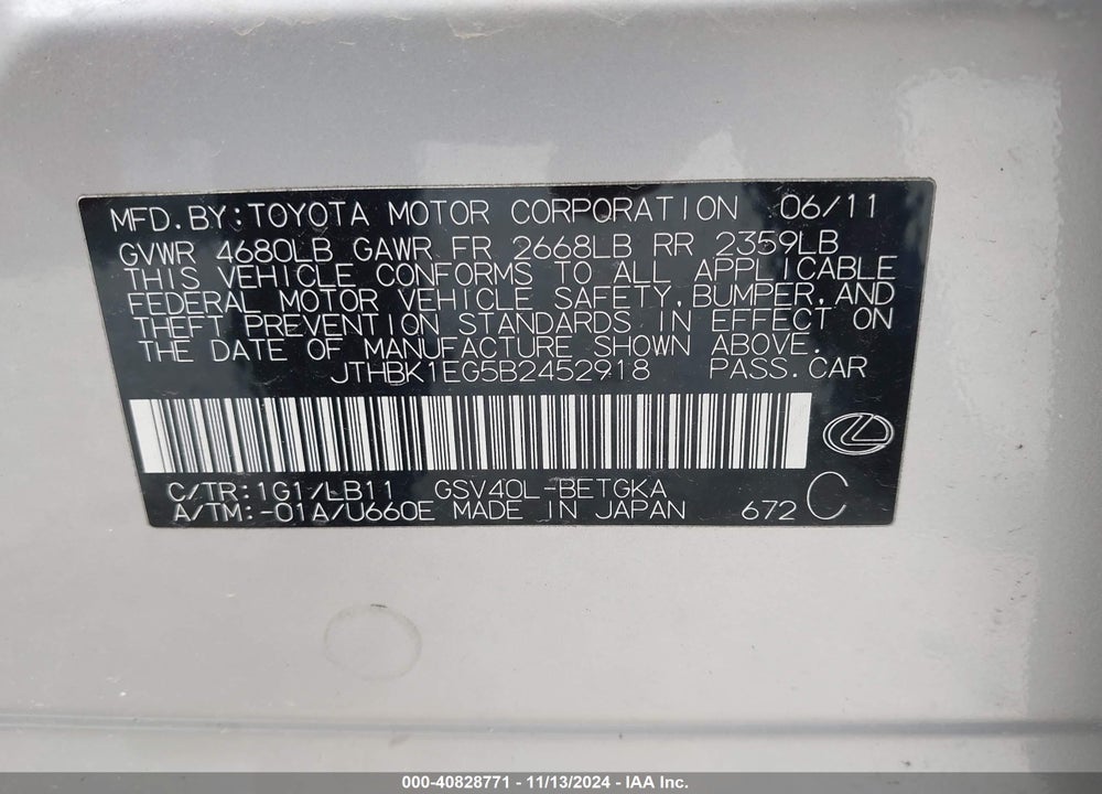 2011 LEXUS ES 350 VIN: JTHBK1EG5B2452918