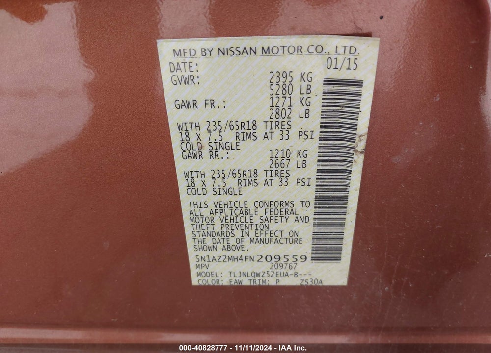 2015 NISSAN MURANO SV VIN: 5N1AZ2MH4FN209559