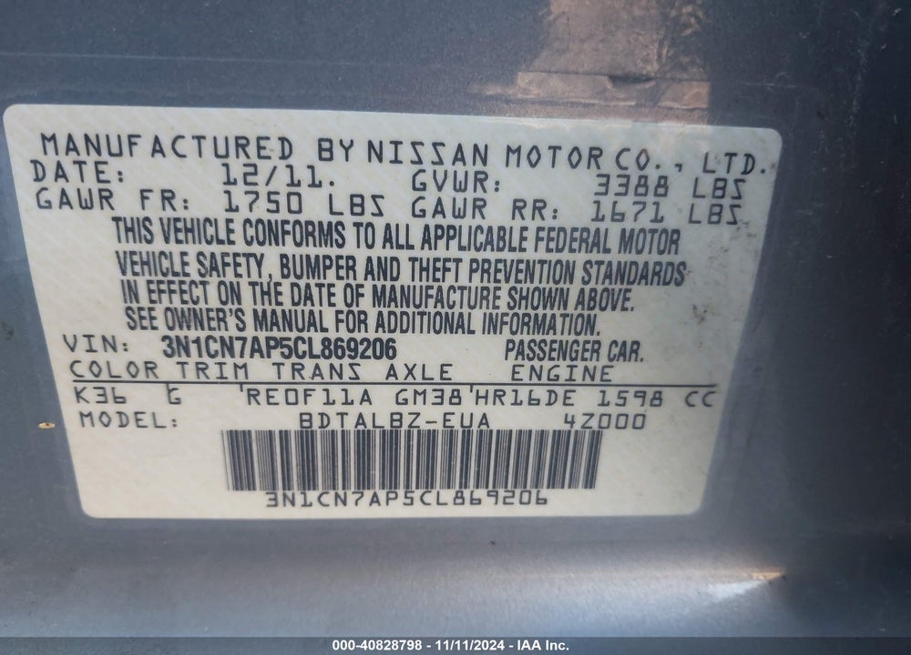 2012 NISSAN VERSA 1.6 SV VIN: 3N1CN7AP5CL869206