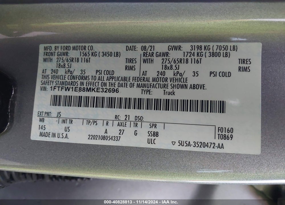 2021 FORD F-150 XLT VIN: 1FTFW1E88MKE32696