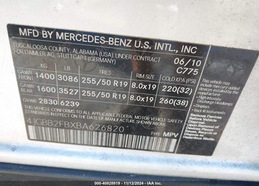 2011 MERCEDES-BENZ ML 350 BLUETEC VIN: 4JGBB2FBXBA626820