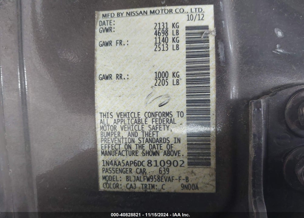2013 NISSAN MAXIMA 3.5 SV VIN: 1N4AA5AP6DC810902