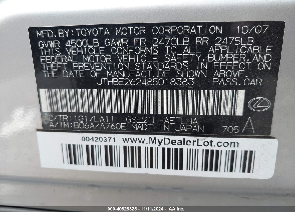 2008 LEXUS IS 350 VIN: JTHBE262485018383