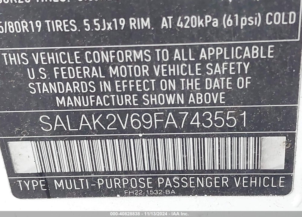 2015 LAND ROVER LR4 VIN: SALAK2V69FA743551