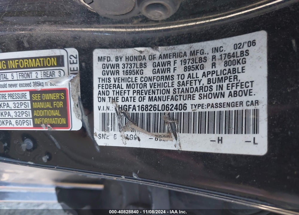 2006 HONDA CIVIC EX VIN: 1HGFA16826L062406