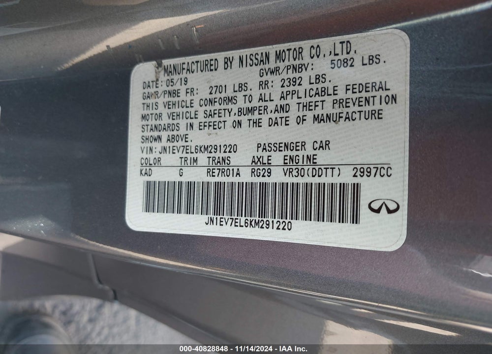 2019 INFINITI Q60 3.0T LUXE VIN: JN1EV7EL6KM291220