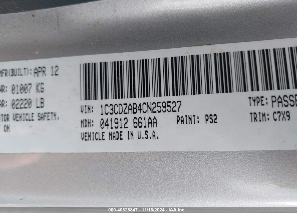 2012 DODGE AVENGER SE VIN: 1C3CDZAB4CN259527