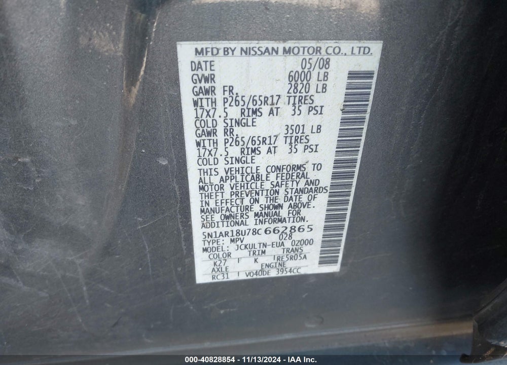 2008 NISSAN PATHFINDER SE VIN: 5N1AR18U78C662865