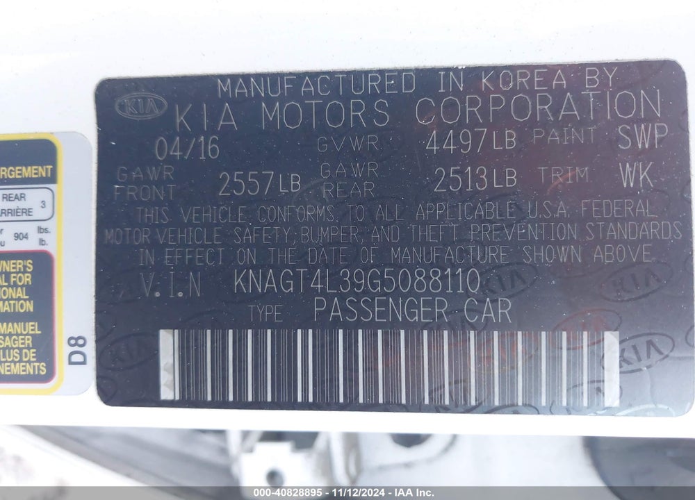 2016 KIA OPTIMA LX VIN: KNAGT4L39G5088110