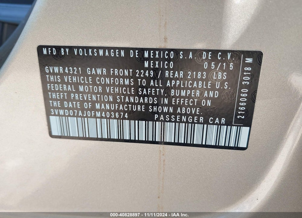 2015 VOLKSWAGEN JETTA VIN: 3VWD07AJ0FM403674