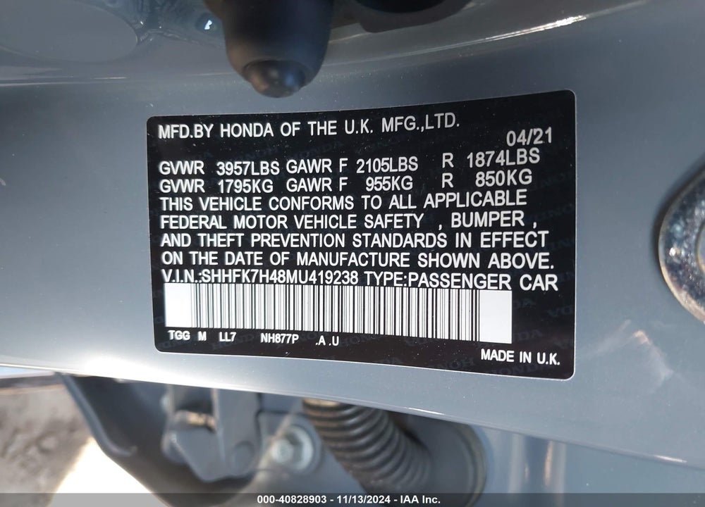 2021 HONDA CIVIC SPORT VIN: SHHFK7H48MU419238