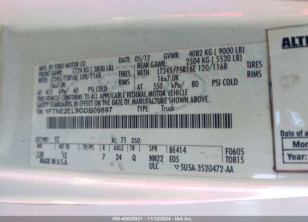 2012 FORD E-250 COMMERCIAL VIN: 1FTNE2EL9CDB09897