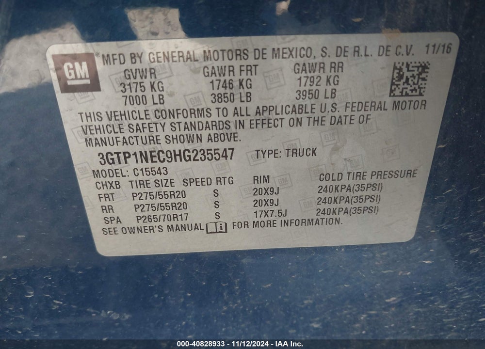 2017 GMC SIERRA 1500 SLT VIN: 3GTP1NEC9HG235547