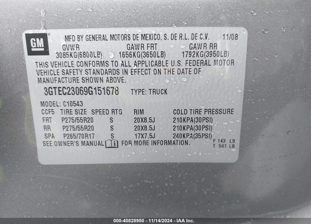 2009 GMC SIERRA 1500 SLE VIN: 3GTEC23069G151678