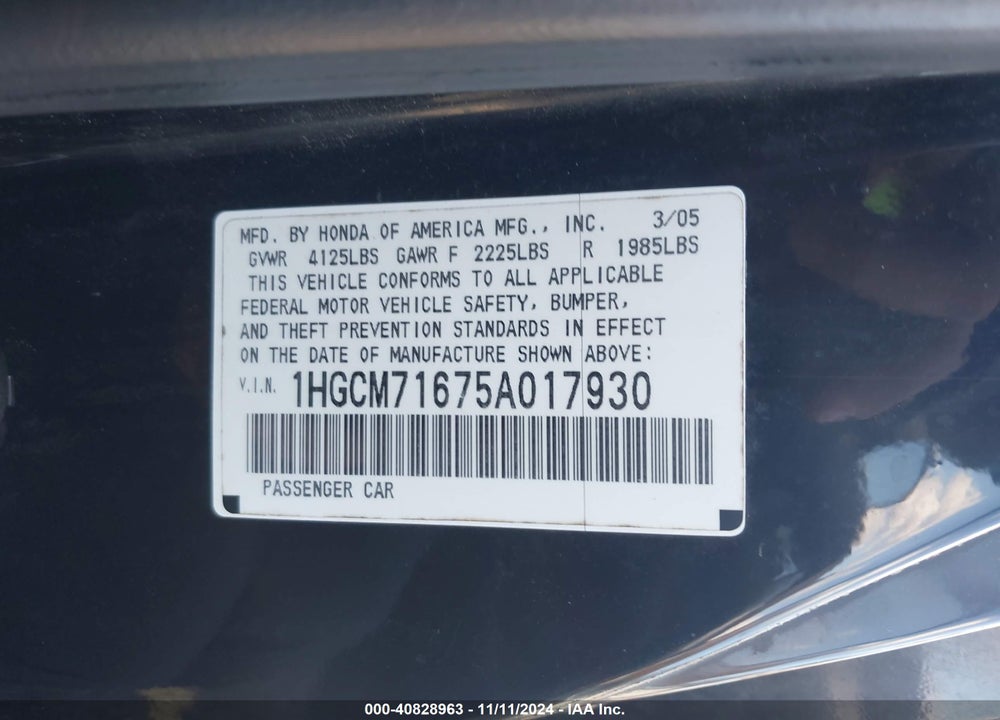 2005 HONDA ACCORD 2.4 EX VIN: 1HGCM71675A017930