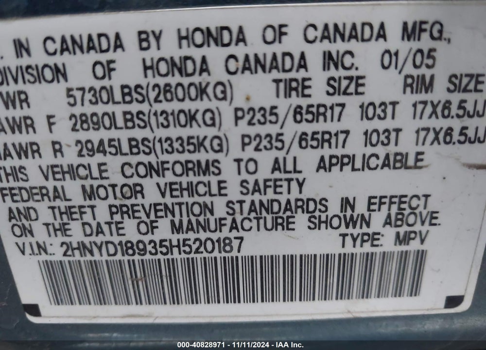 2005 ACURA MDX VIN: 2HNYD18935H520187