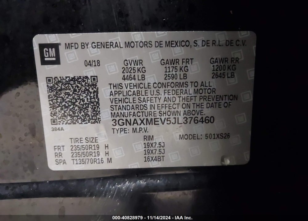 2018 CHEVROLET EQUINOX PREMIER VIN: 3GNAXMEV5JL376460