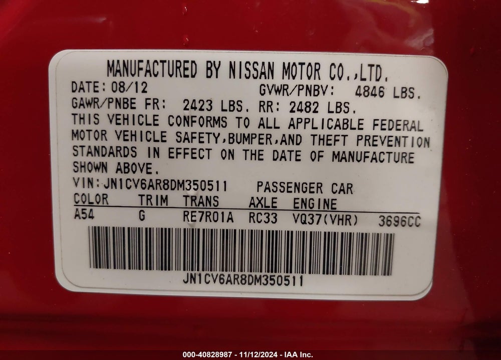 2013 INFINITI G37X VIN: JN1CV6AR8DM350511