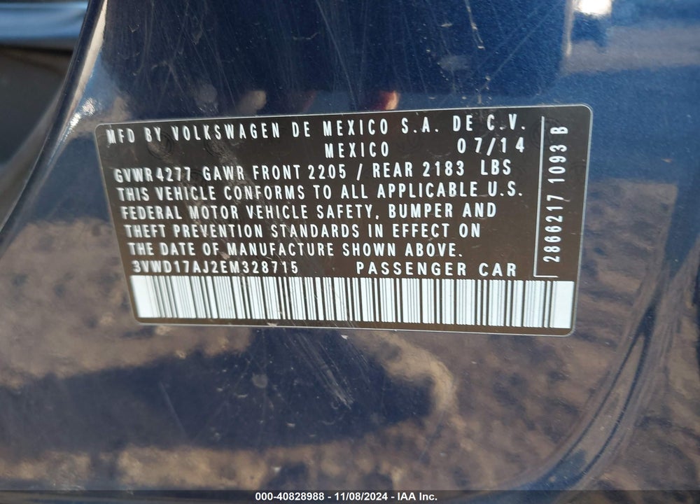 2014 VOLKSWAGEN JETTA VIN: 3VWD17AJ2EM328715