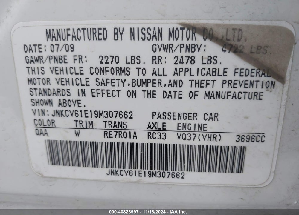 2009 INFINITI G37 VIN: JNKCV61E19M307662