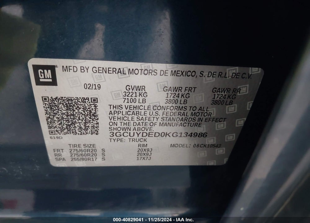 2019 CHEVROLET SILVERADO 1500 VIN: 3GCUYDED0KG134986