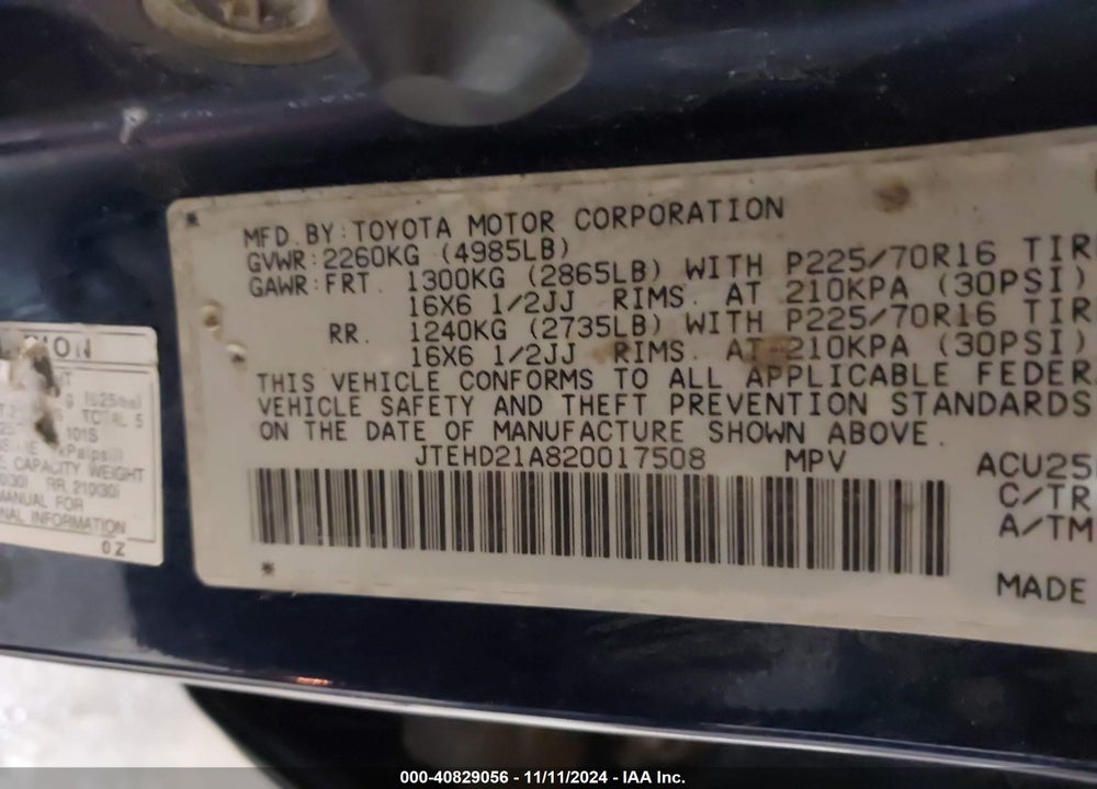 2002 TOYOTA HIGHLANDER VIN: JTEHD21A820017508