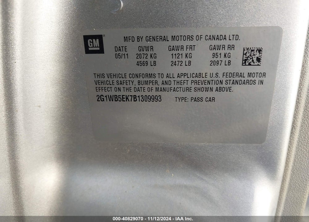 2011 CHEVROLET IMPALA LT VIN: 2G1WB5EK7B1309993