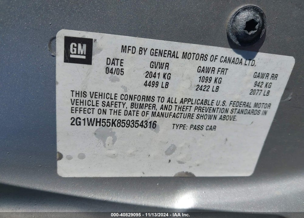 2005 CHEVROLET IMPALA LS VIN: 2G1WH55K859354316