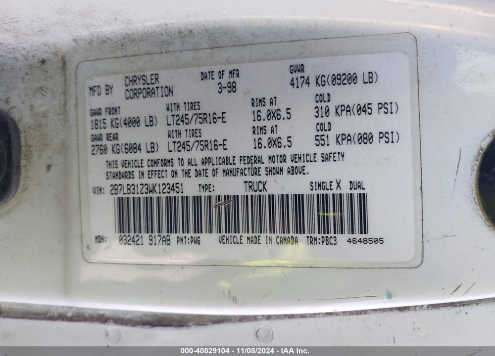 1998 DODGE RAM VAN 3500 COMMERCIAL/COMMERCIAL MAXI/CONVERSION VIN: 2B7LB31Z3WK123451