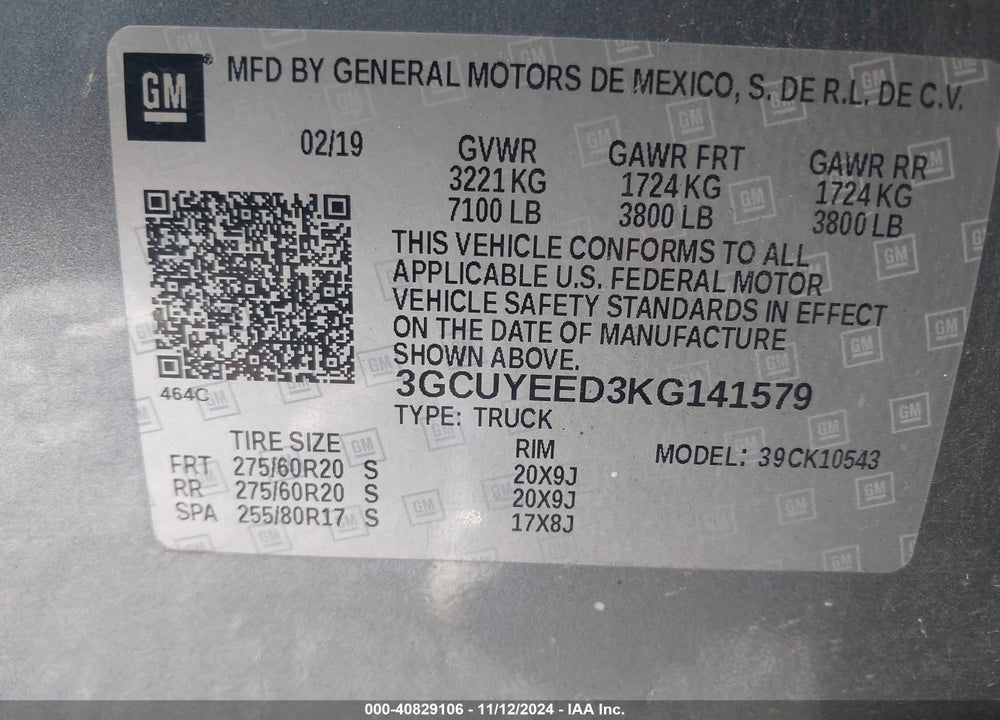 2019 CHEVROLET SILVERADO 1500 RST VIN: 3GCUYEED3KG141579