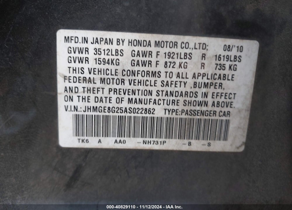 2010 HONDA FIT VIN: JHMGE8G25AS022862
