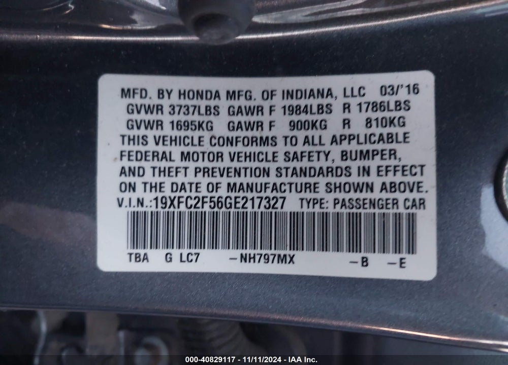2016 HONDA CIVIC LX VIN: 19XFC2F56GE217327