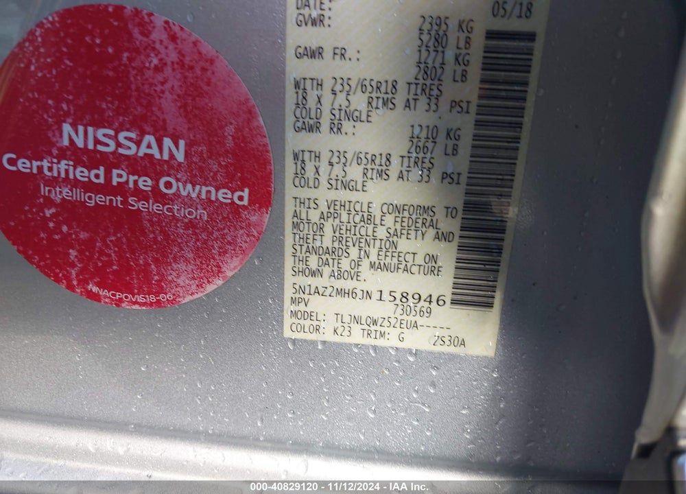 2018 NISSAN MURANO SV VIN: 5N1AZ2MH6JN158946