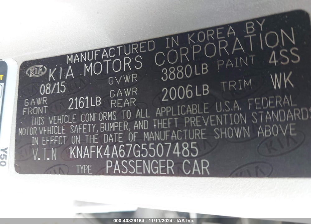 2016 KIA FORTE LX VIN: KNAFK4A67G5507485