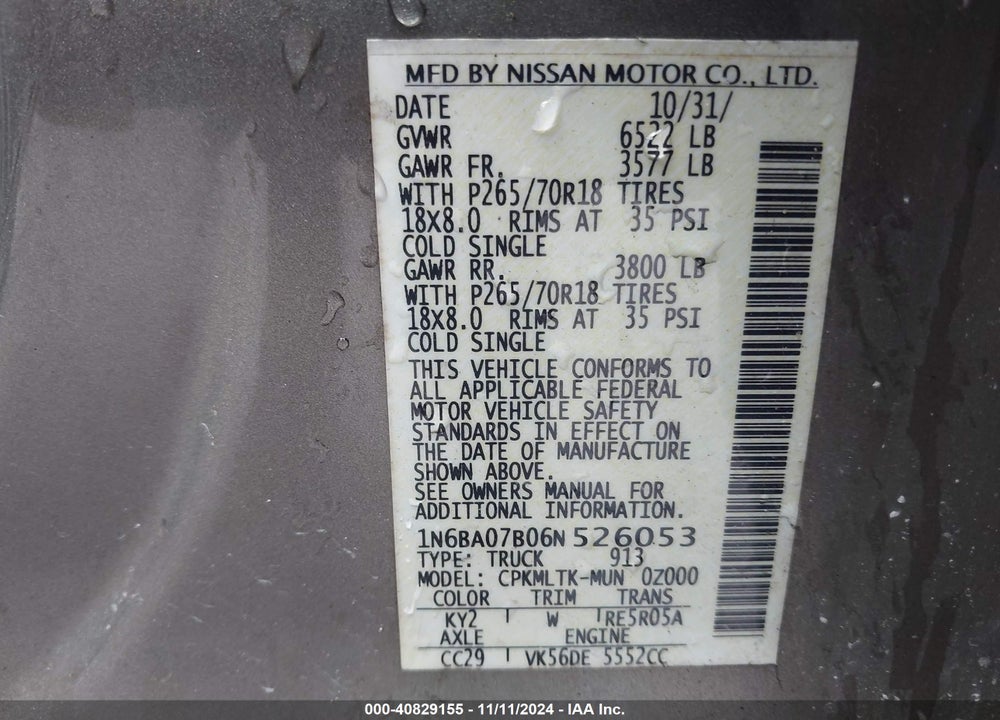 2006 NISSAN TITAN SE VIN: 1N6BA07B06N526053
