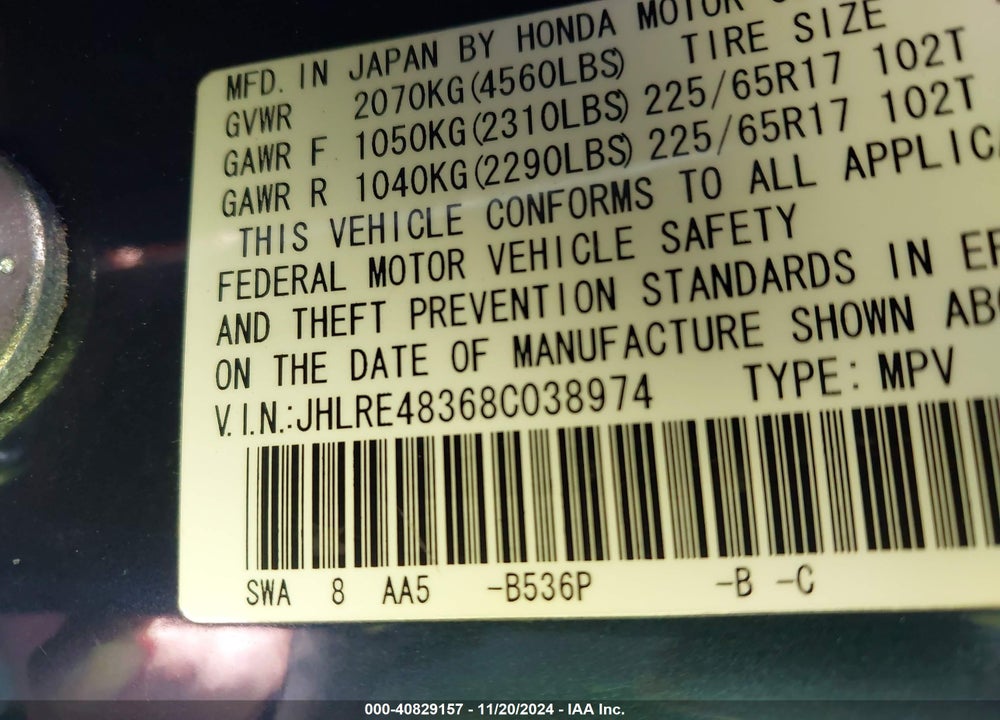 2008 HONDA CR-V LX VIN: JHLRE48368C038974