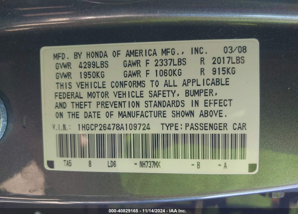 2008 HONDA ACCORD 2.4 LX-P VIN: 1HGCP26478A109724