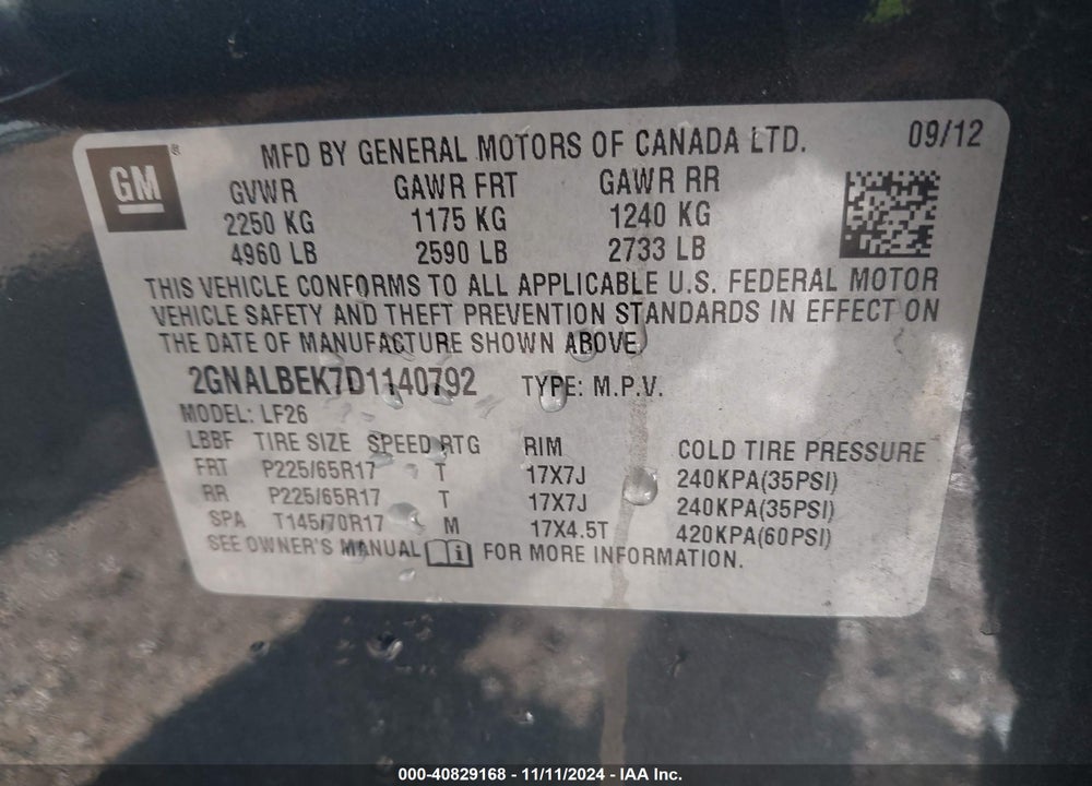 2013 CHEVROLET EQUINOX LS VIN: 2GNALBEK7D1140792