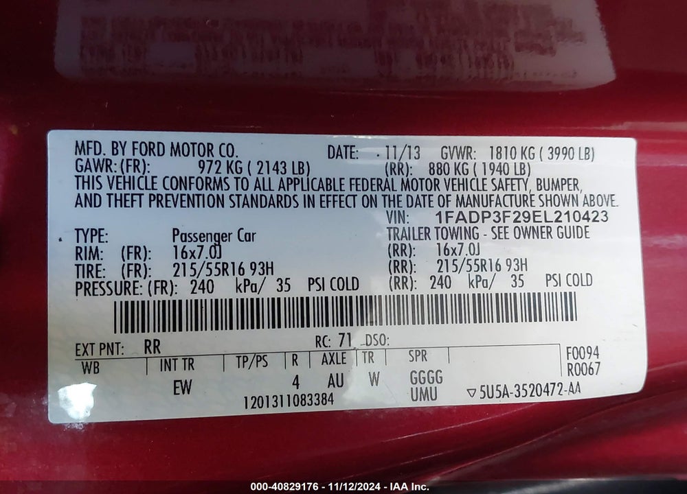2014 FORD FOCUS SE VIN: 1FADP3F29EL210423