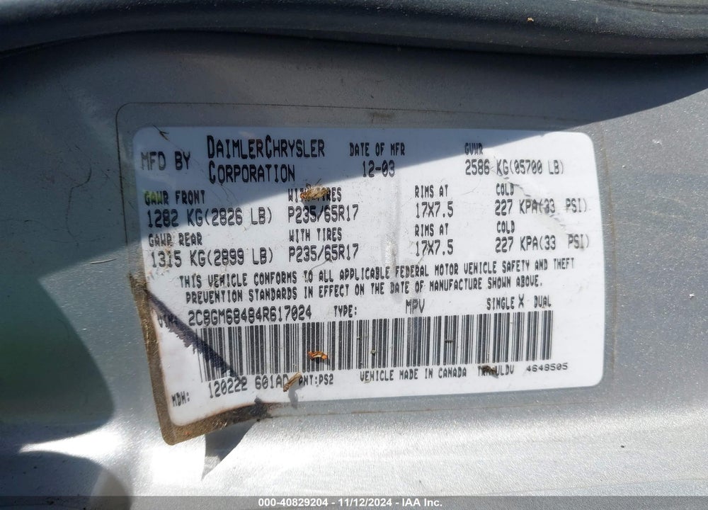 2004 CHRYSLER PACIFICA VIN: 2C8GM68484R617024