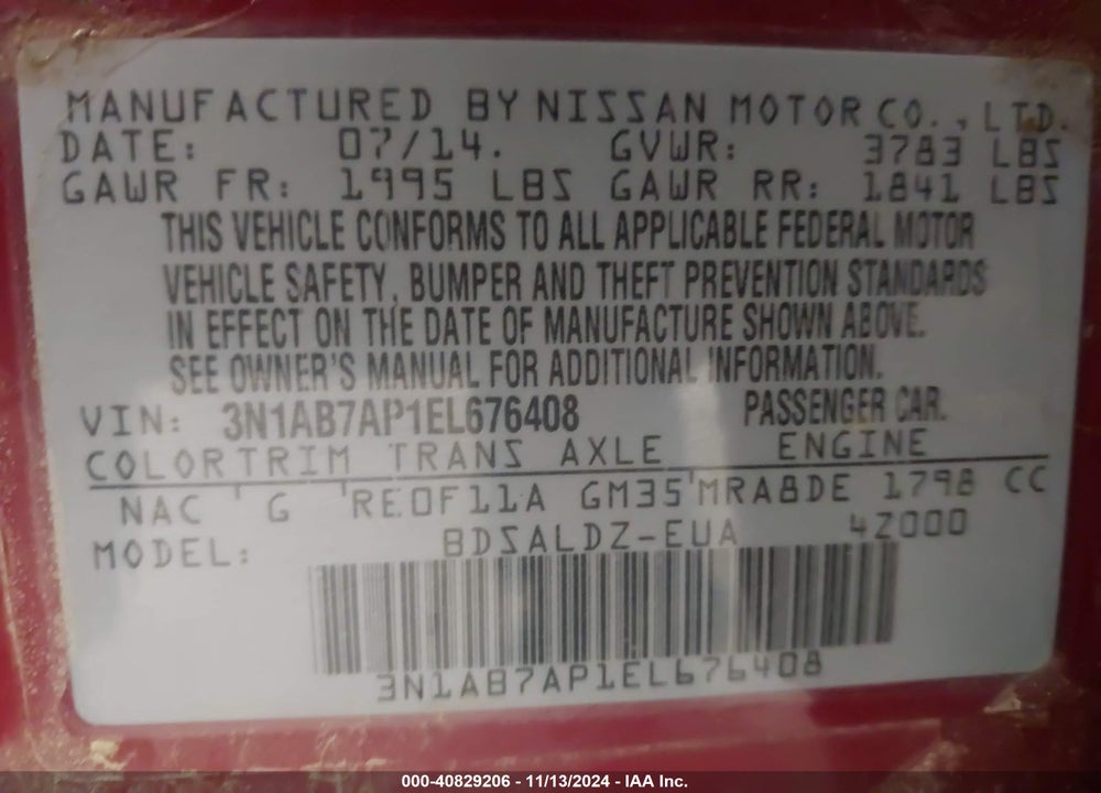 2014 NISSAN SENTRA SV VIN: 3N1AB7AP1EL676408
